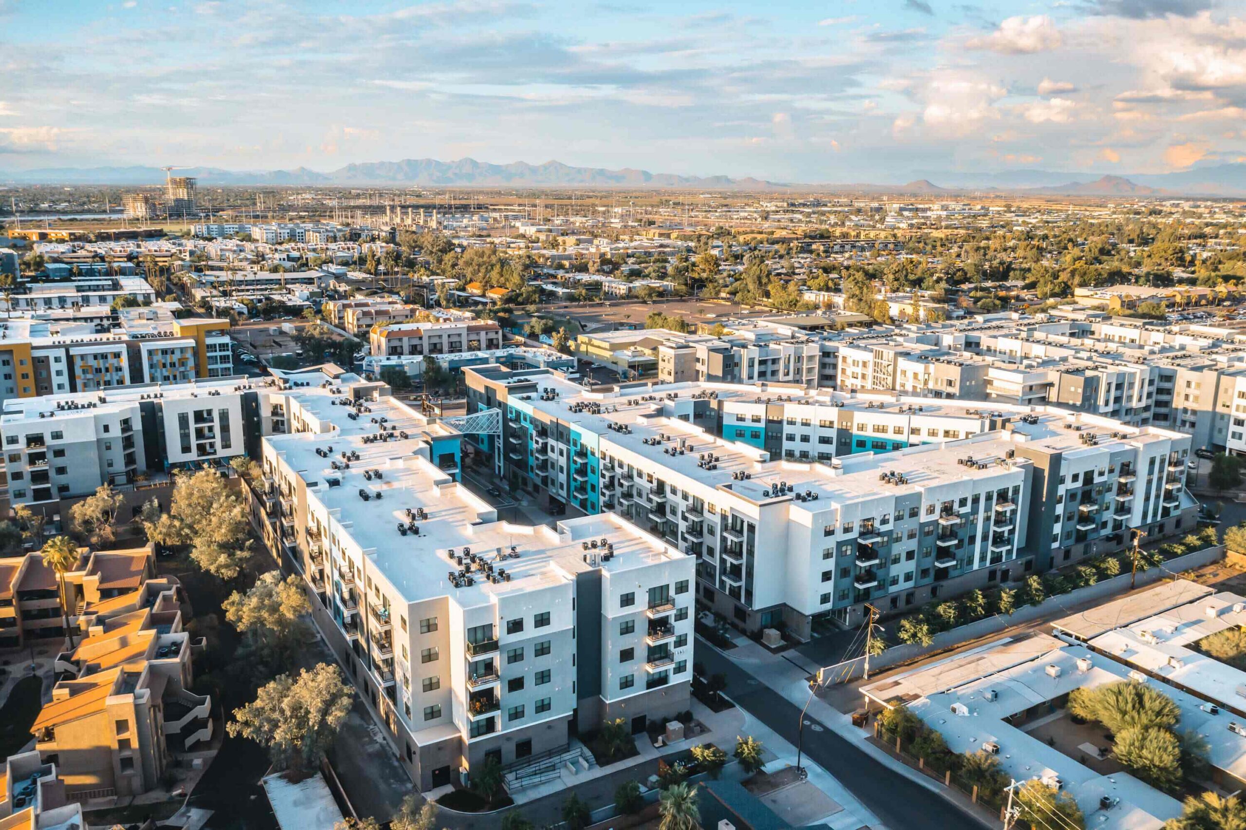 Aerial view of modern apartment buildings in an urban area scaled