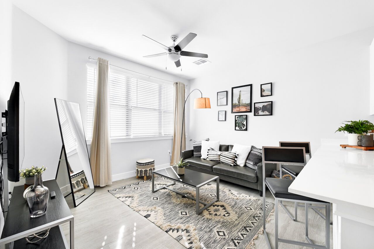 Modern living room with a sofa coffee table and artwork