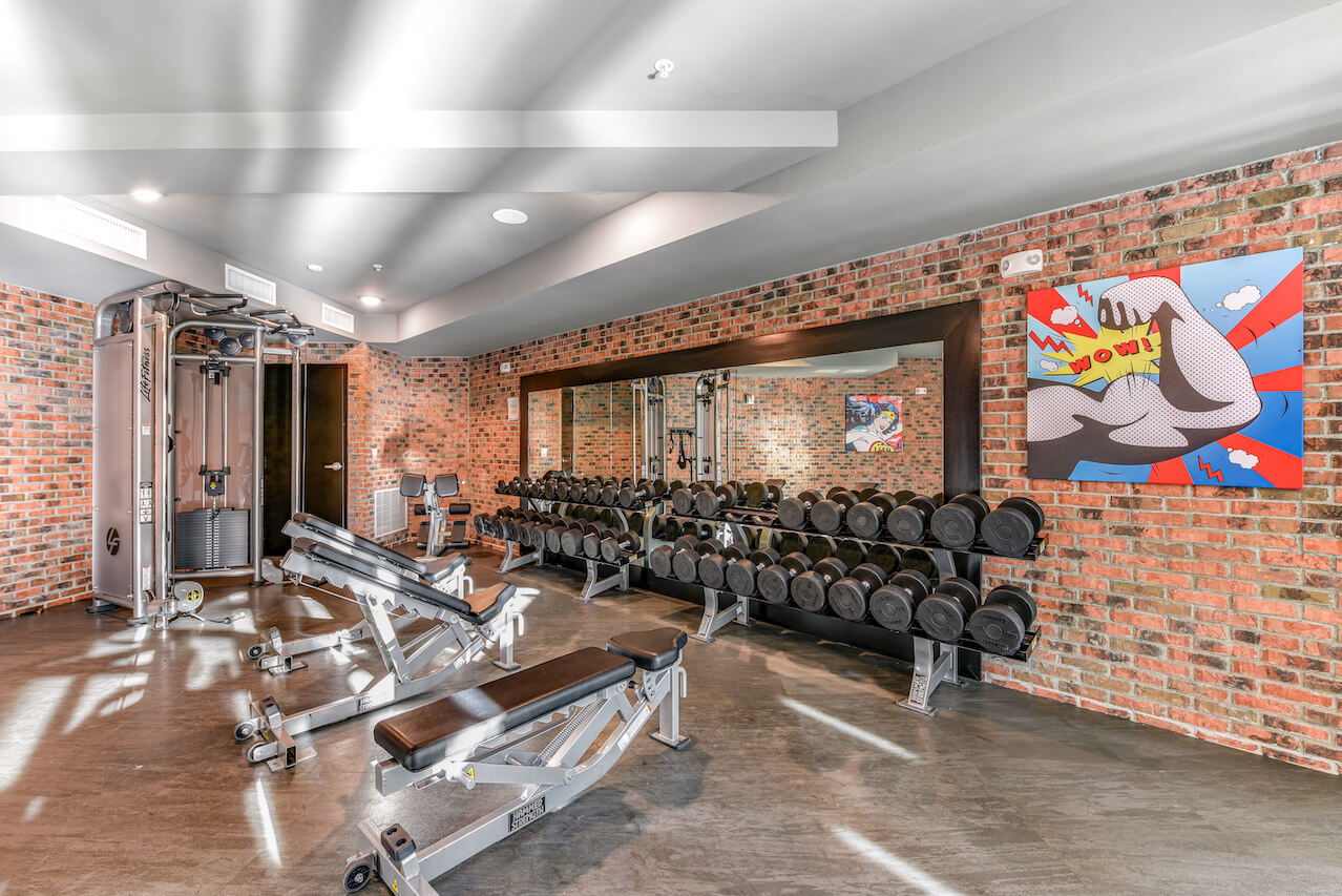 Weight area in a gym with dumbbells and exercise equipment